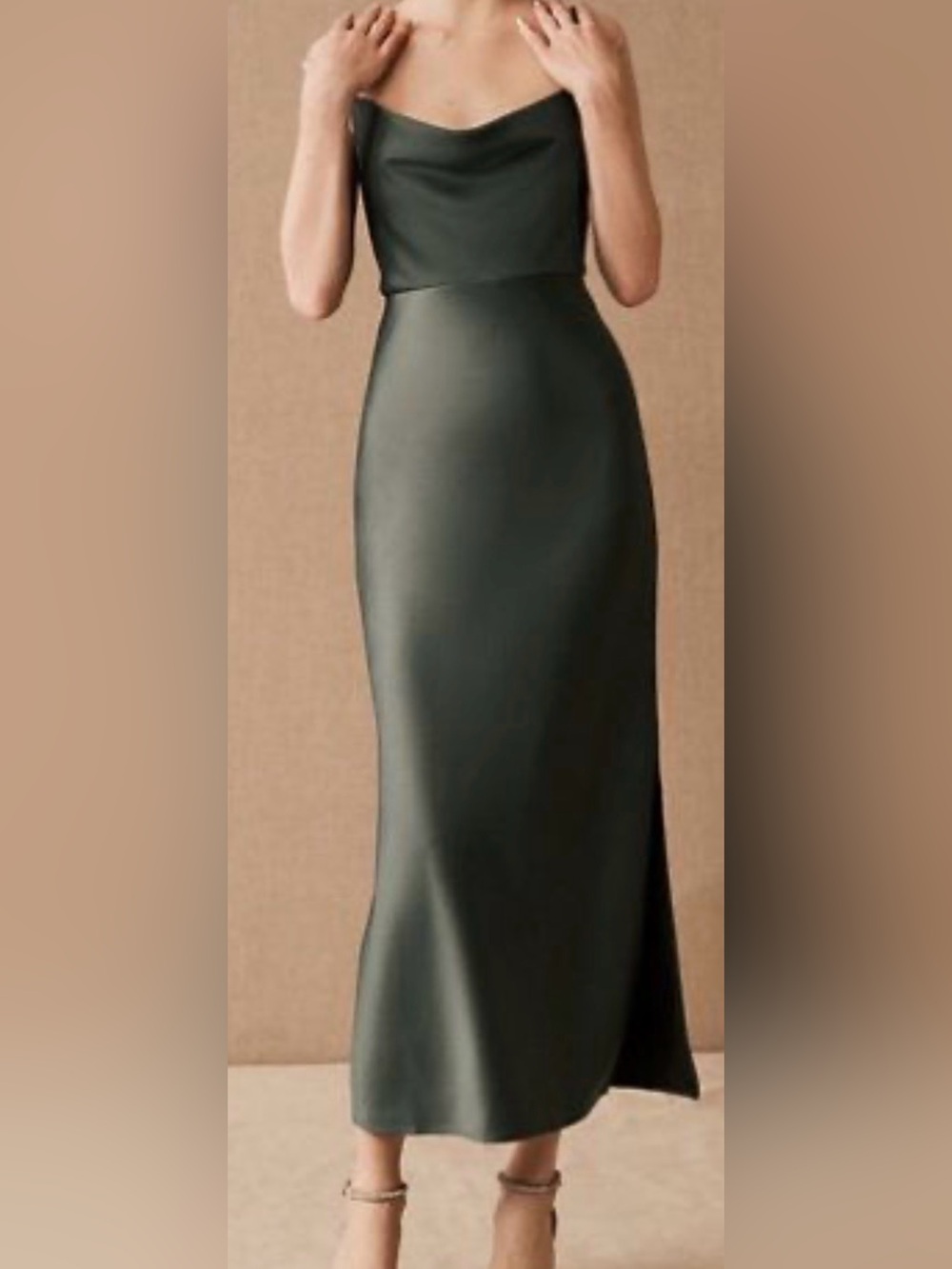 Anthropologie BHLDN Cali Satin Charmeuse Cowl-Neck Midi Slip Dress green formal